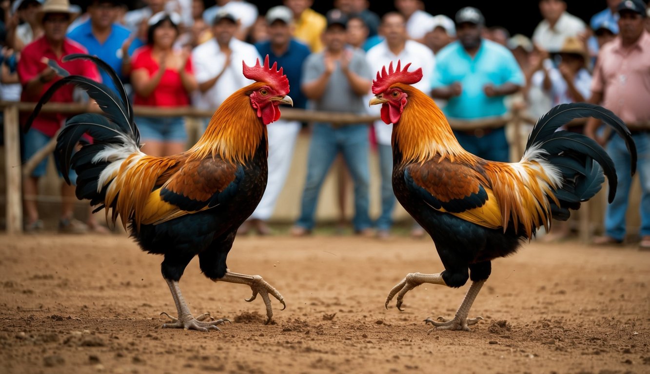 Dua ayam jantan berhadapan di arena tanah yang dikelilingi oleh penonton yang bersorak. Bulu-bulu beterbangan saat mereka bertarung dalam acara sabung ayam tradisional.