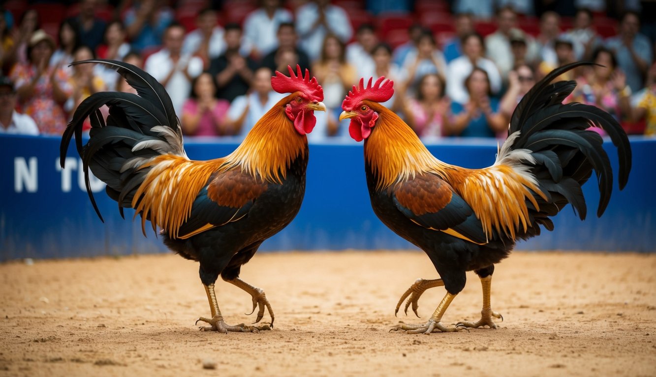 Dua ayam jantan berhadapan di arena sabung ayam tradisional, dikelilingi oleh penonton yang bersorak.