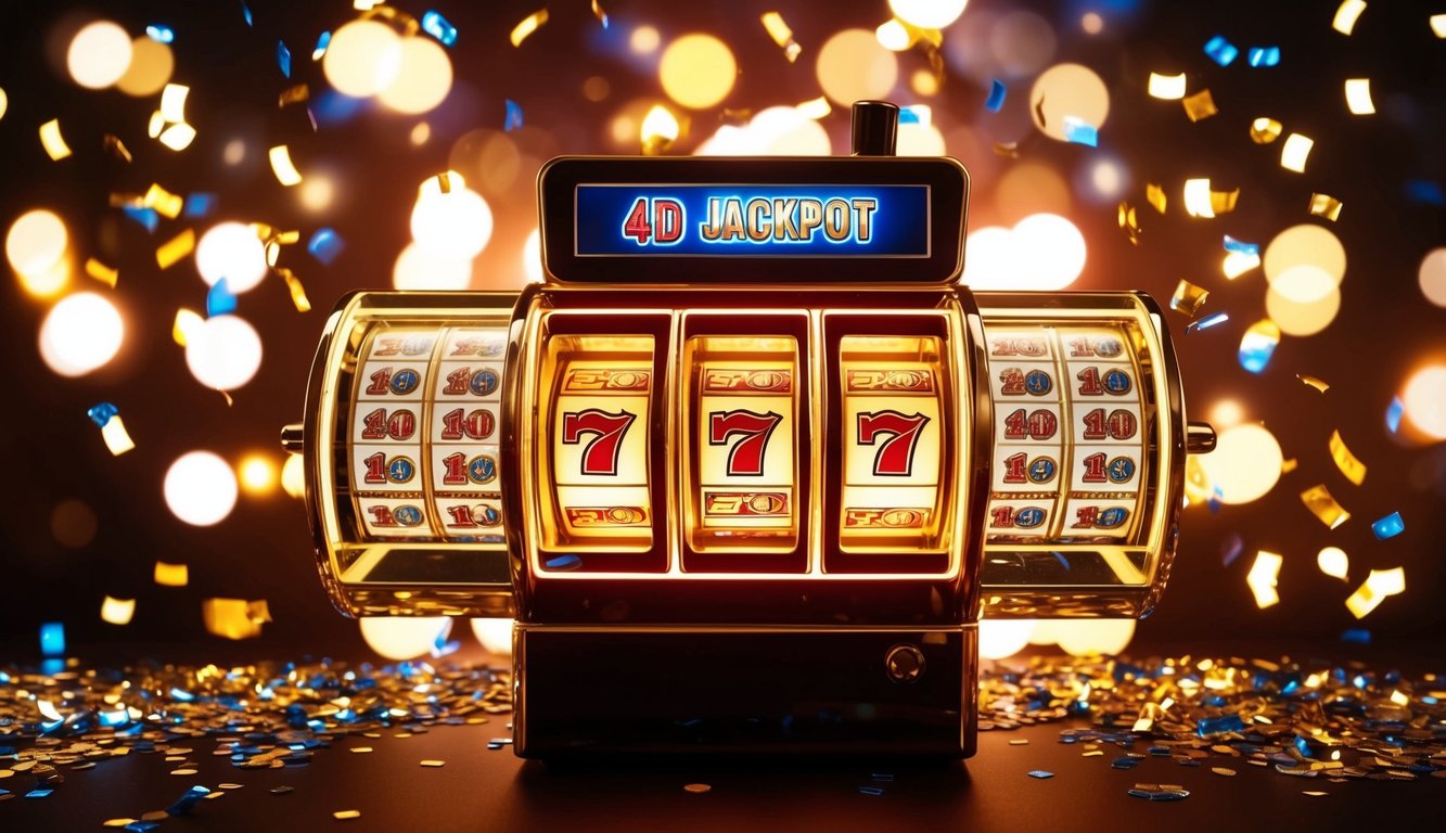 Sebuah mesin jackpot 4D yang bersinar dikelilingi oleh lampu berkedip dan konfeti