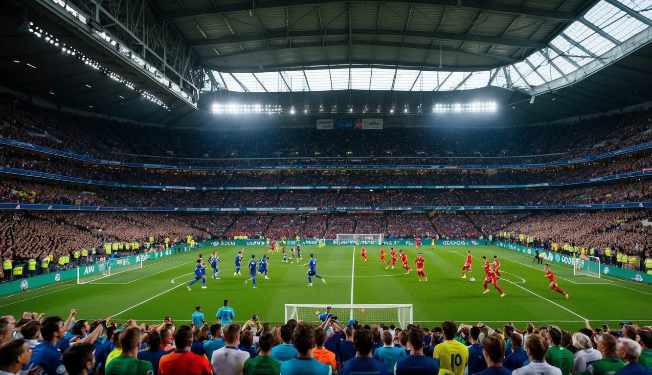 Sebuah stadion yang ramai dengan para penggemar yang bersorak, lapangan sepak bola hijau, dan pemain dengan seragam berwarna-warni yang berkompetisi dalam pertandingan dengan taruhan tinggi