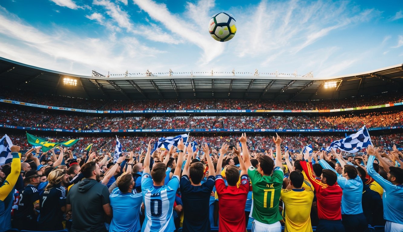 Sebuah stadion yang ramai dengan penggemar yang bersorak, spanduk tim yang berwarna-warni, dan bola sepak yang terbang di udara