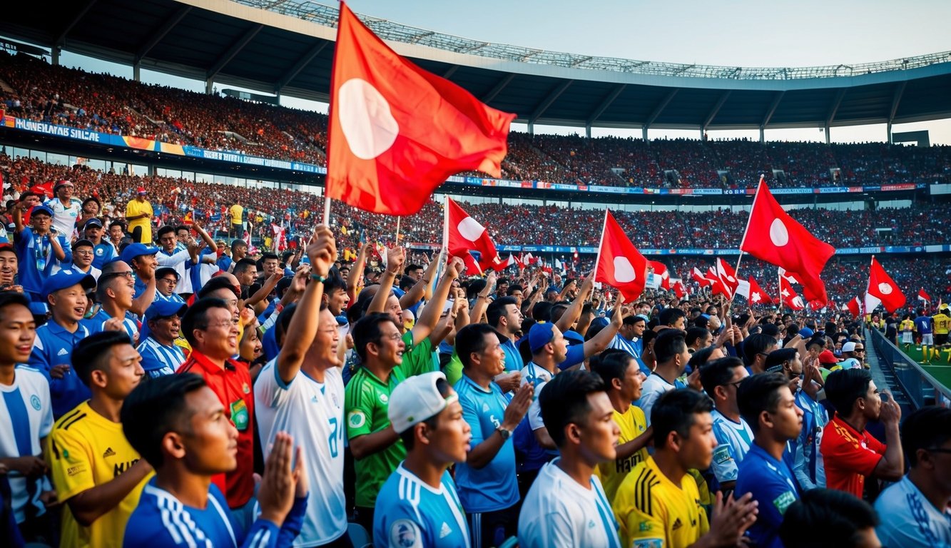 Sebuah stadion sepak bola Indonesia yang ramai dengan penggemar yang bersorak dan melambaikan bendera