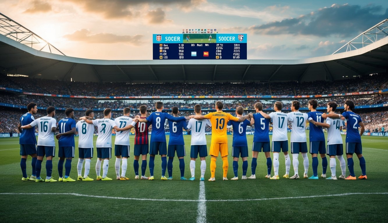 Sekelompok pemain sepak bola berkumpul di stadion, dengan papan skor yang menampilkan skor terbaru dari pertandingan.