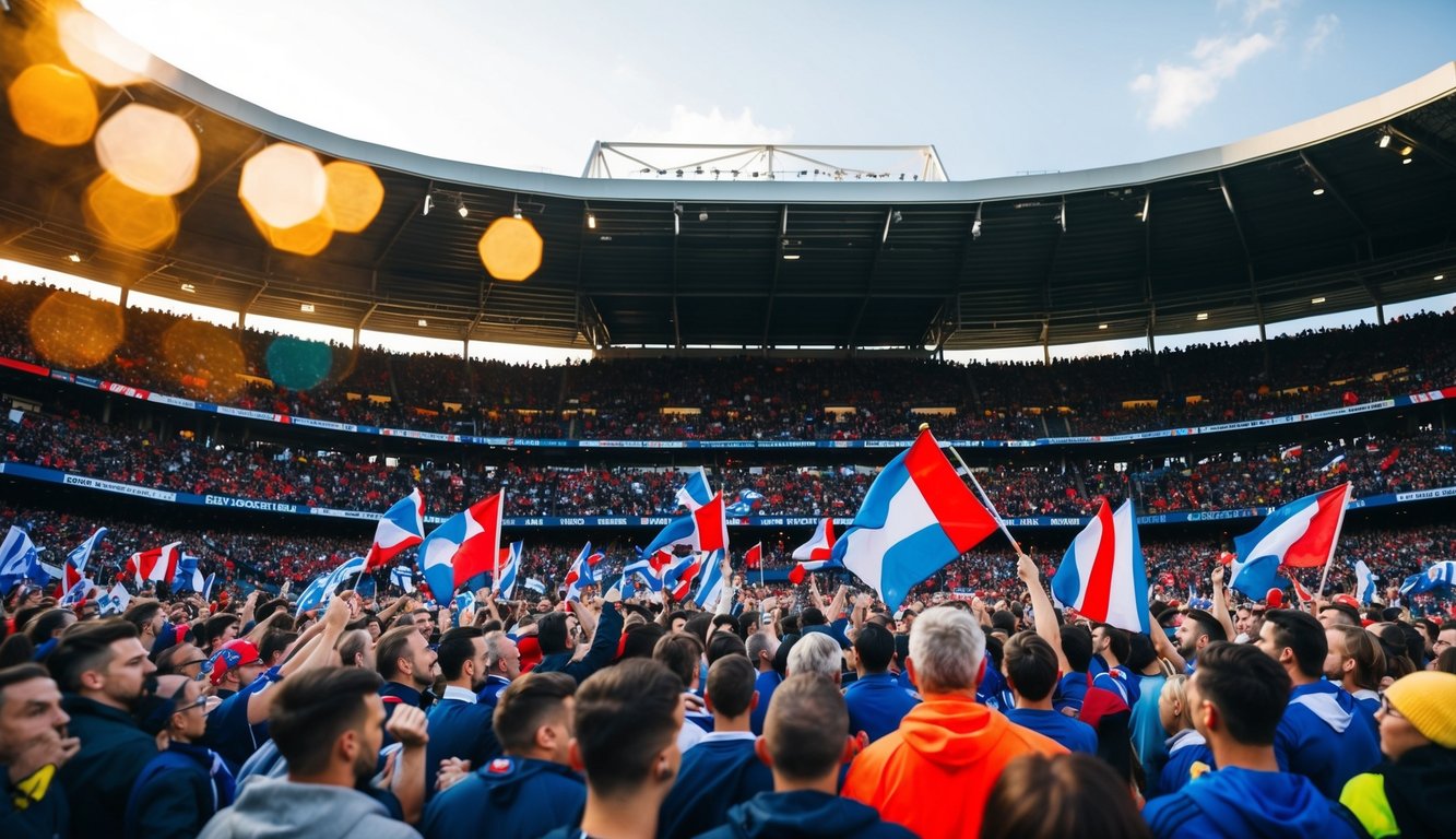 Sebuah stadion sepak bola yang ramai dengan penggemar bersorak dan melambai-lambaikan bendera