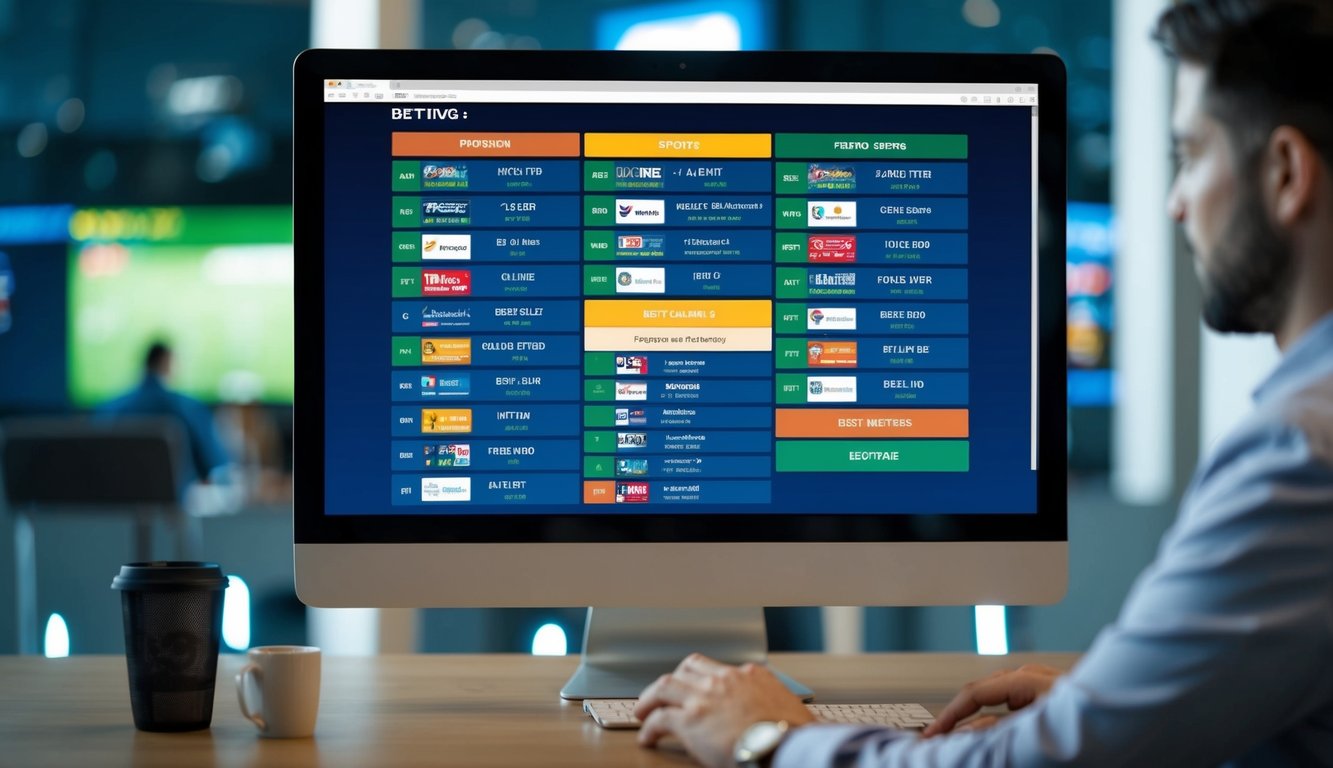 Sebuah layar komputer menampilkan berbagai acara olahraga dengan odds taruhan dan seorang yang memasang taruhan secara online