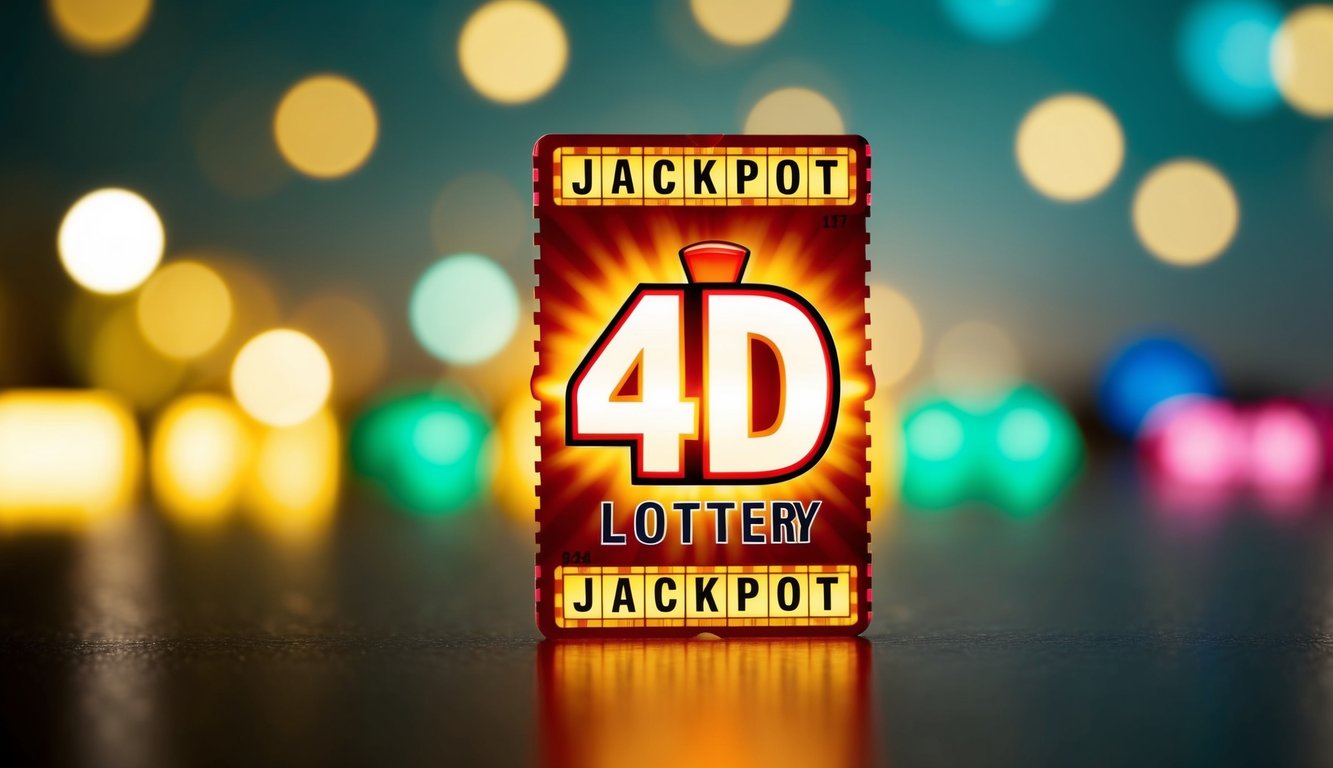 Tiket lotere 4D yang bersinar dengan simbol jackpot