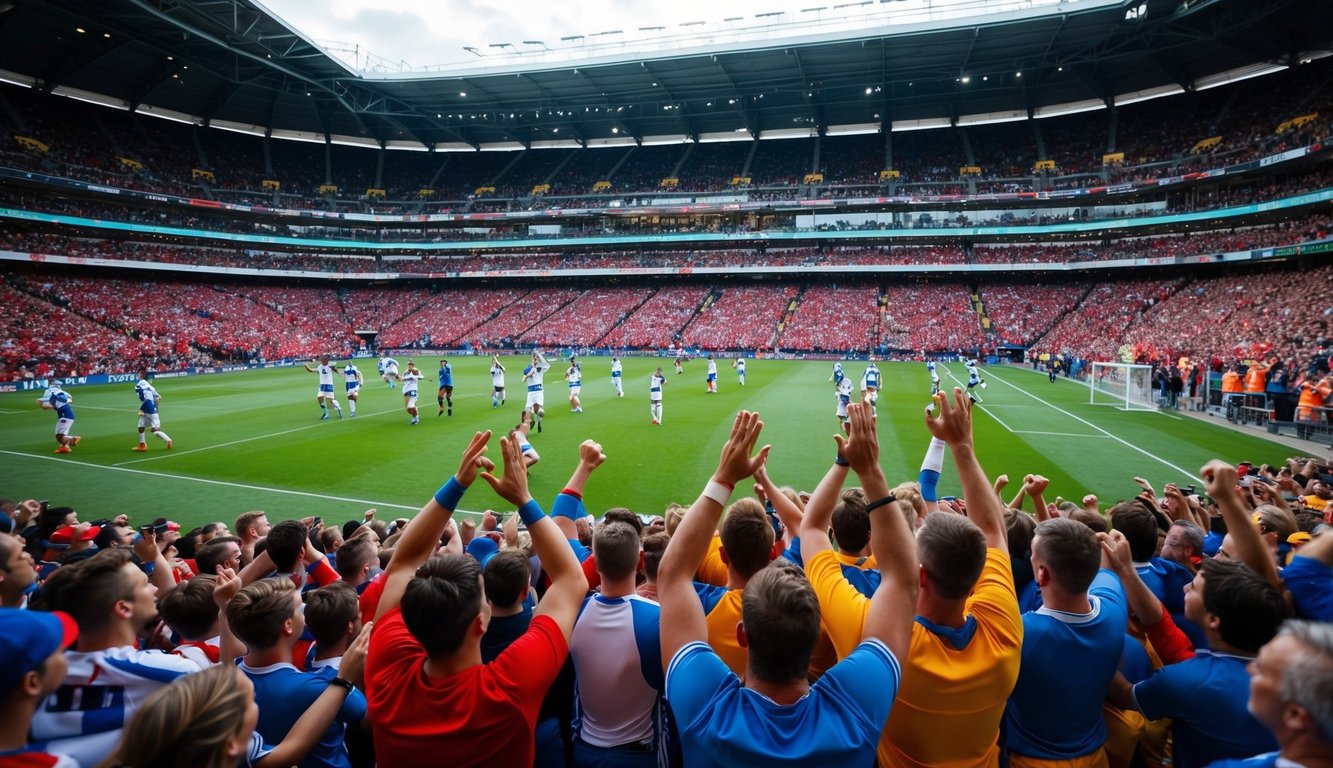 Sebuah stadion yang ramai dengan penggemar yang bersorak dan pemain di lapangan olahraga