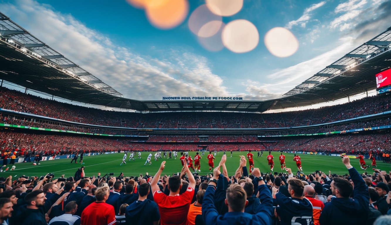 Sebuah stadion yang ramai dengan penggemar yang bersorak dan pemain di lapangan