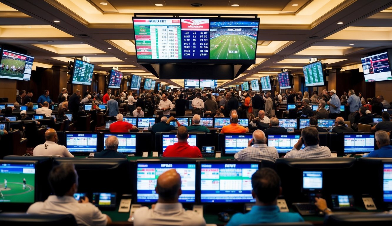 Sebuah sportsbook yang ramai dengan orang-orang yang memasang taruhan dan menonton berbagai olahraga di layar besar