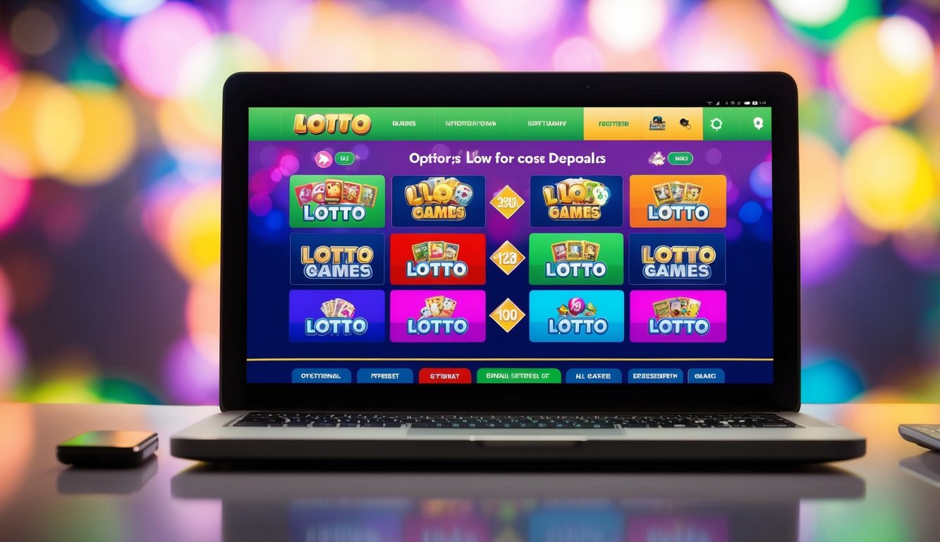 Antarmuka digital yang hidup dengan desain yang berwarna-warni dan mengundang, menampilkan berbagai permainan lotto dan opsi untuk setoran dengan biaya rendah