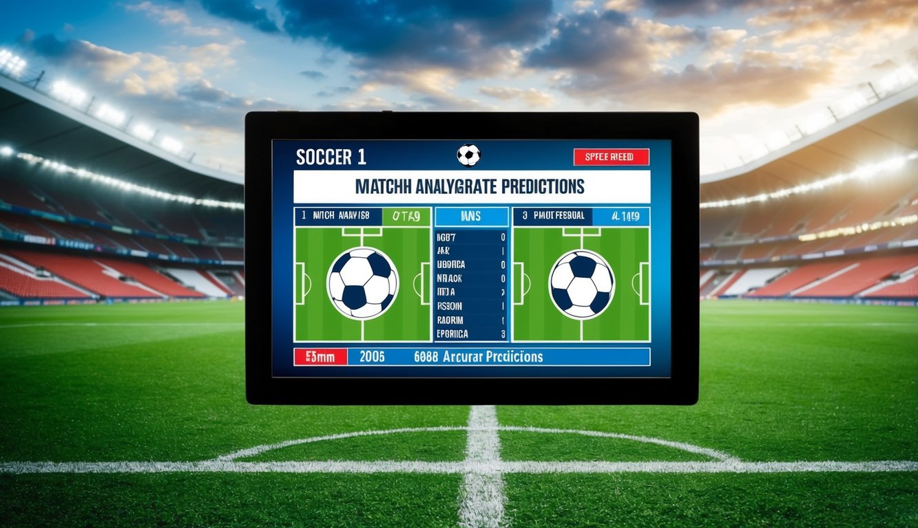 Sebuah lapangan sepak bola dengan layar digital yang menampilkan analisis pertandingan dan prediksi yang akurat