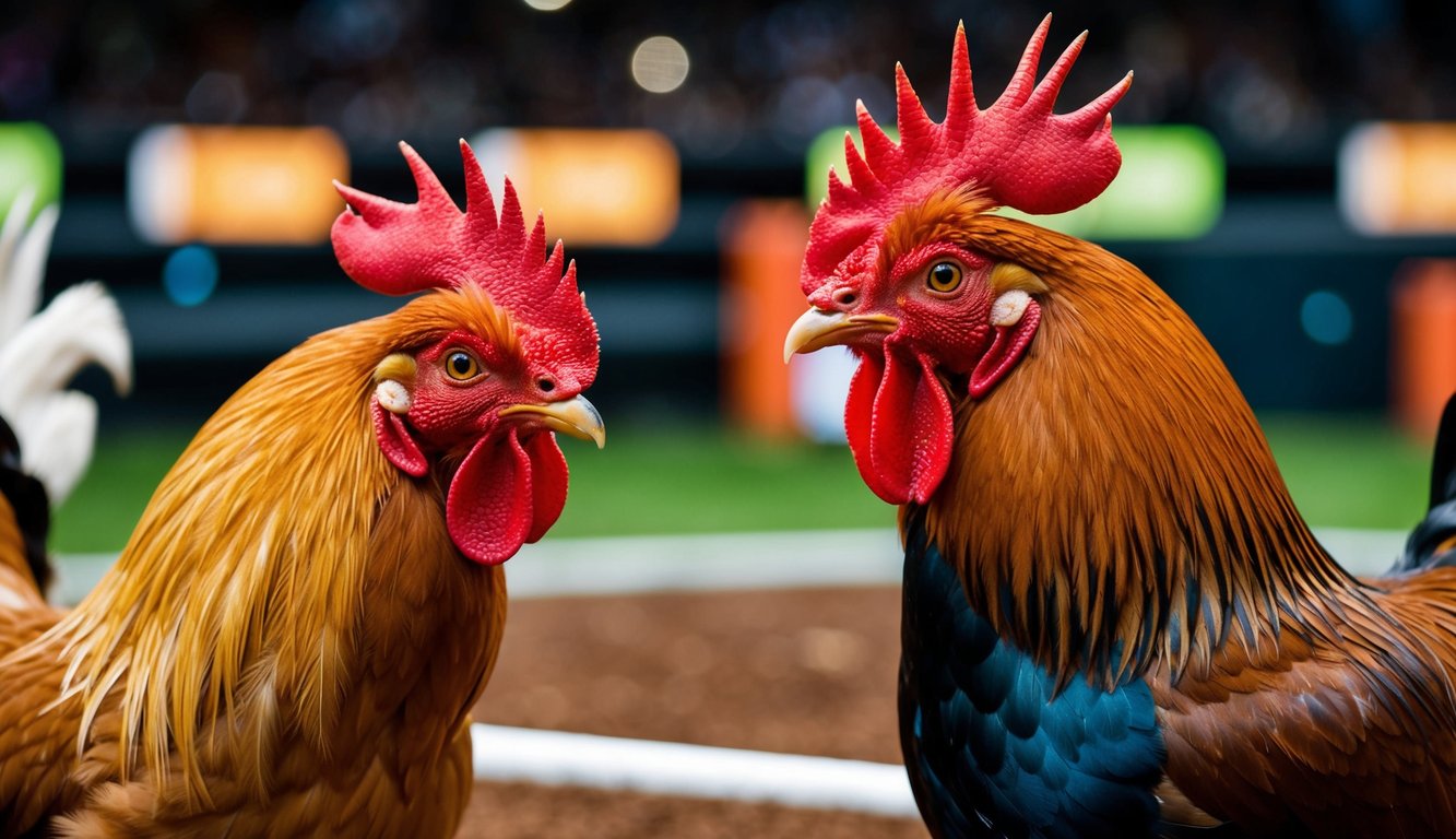 Seekor ayam jantan dan seekor ayam betina berhadapan dalam pertandingan sabung ayam online yang hidup dengan peluang menang yang tinggi