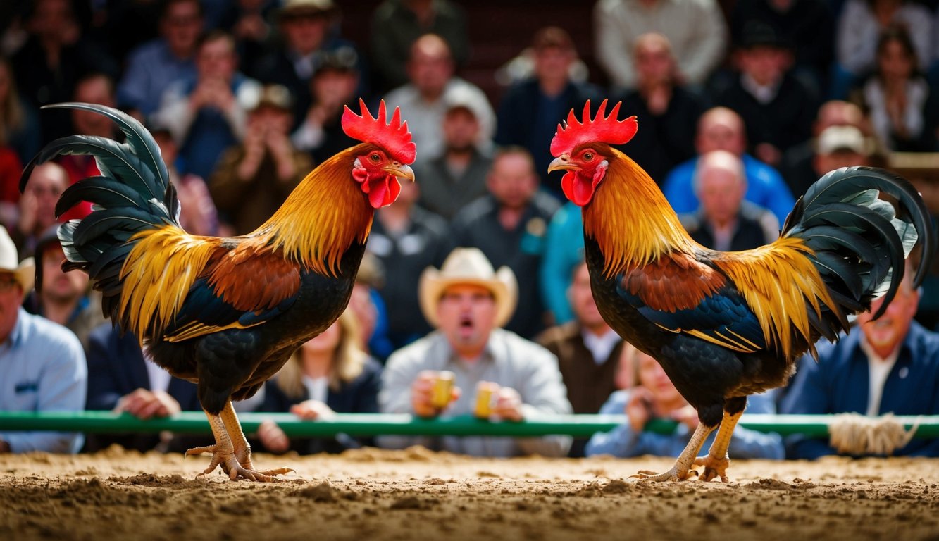 Dua ayam jantan berhadapan di arena yang ramai, bulu-bulu mereka berdiri, paruh terbuka dalam persaingan sengit. Penonton bersorak dan memasang taruhan dari pinggir arena.