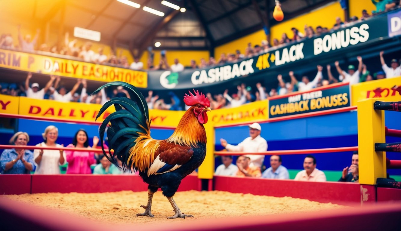 Sebuah arena pertarungan ayam jantan yang berwarna-warni dan hidup dengan penonton yang bersorak serta papan iklan mencolok yang mengiklankan bonus cashback harian