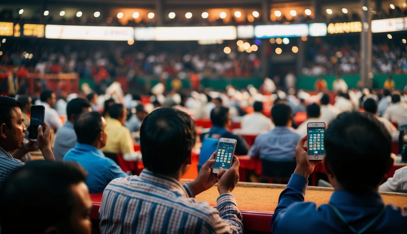 Arena sabung ayam yang ramai dengan orang-orang yang memasang taruhan menggunakan ponsel mereka untuk menyetor kredit tanpa potongan.