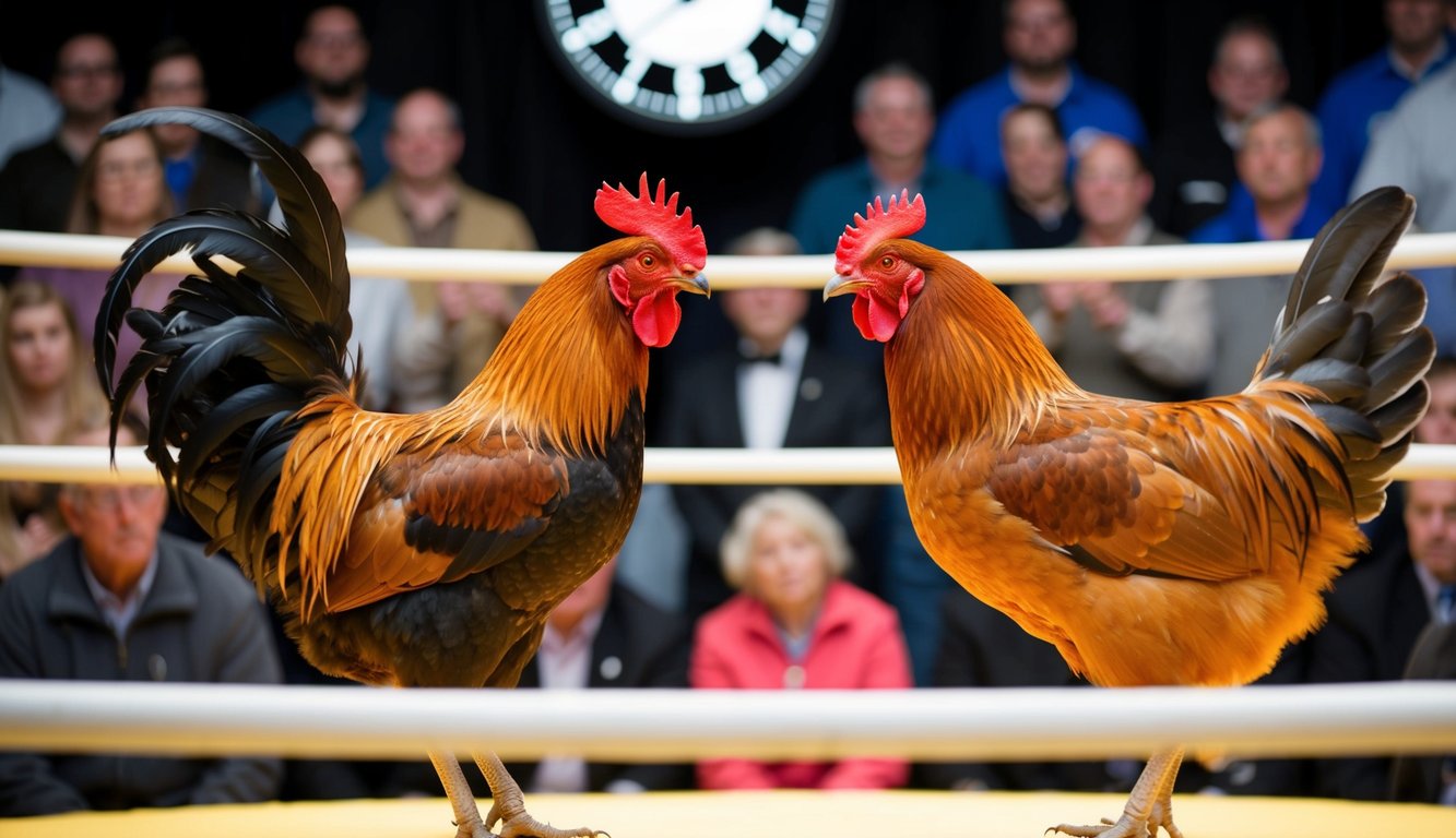 Seekor ayam jantan dan seekor induk ayam berhadapan di dalam arena, dikelilingi oleh kerumunan penonton, dengan jam yang menunjukkan layanan nonstop 24 jam