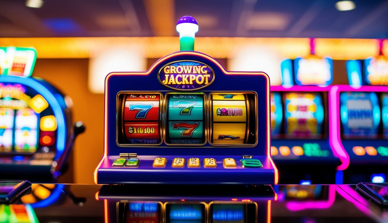 Mesin slot online yang berwarna-warni dan cerah dengan lampu berkedip dan jackpot yang terus meningkat ditampilkan secara mencolok