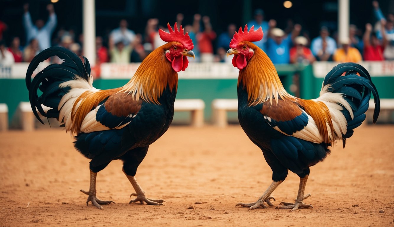 Sebuah arena sabung ayam yang meriah dengan penonton yang bersorak dan dua ayam jantan yang garang di tengah, bulu-bulu berkibar dan paruh terbuka dalam pertarungan yang sengit