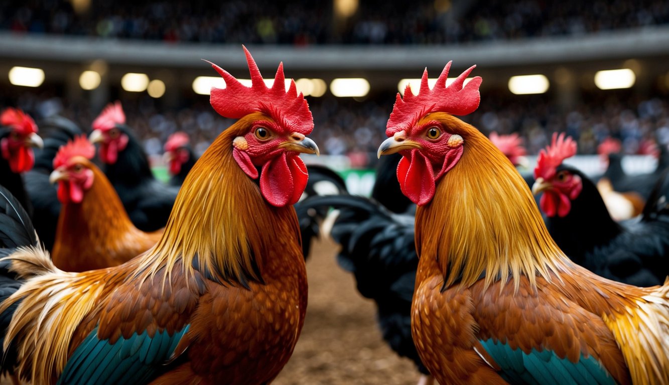 Dua ayam jantan berhadapan di arena yang ramai, bulu mengembang dan paruh terbuka dalam pertarungan sengit kekuatan dan kelincahan.