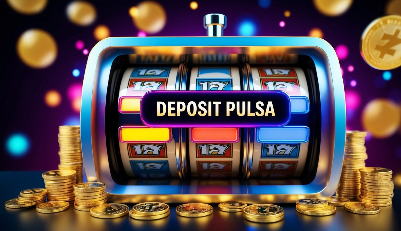 Mesin slot online yang berwarna-warni dengan tombol "deposit pulsa" yang bersinar, dikelilingi oleh koin digital dan simbol-simbol