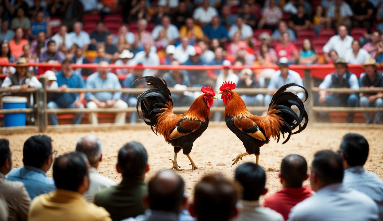 Sebuah arena yang ramai dengan ayam jantan yang bertarung, dikelilingi oleh penonton yang antusias