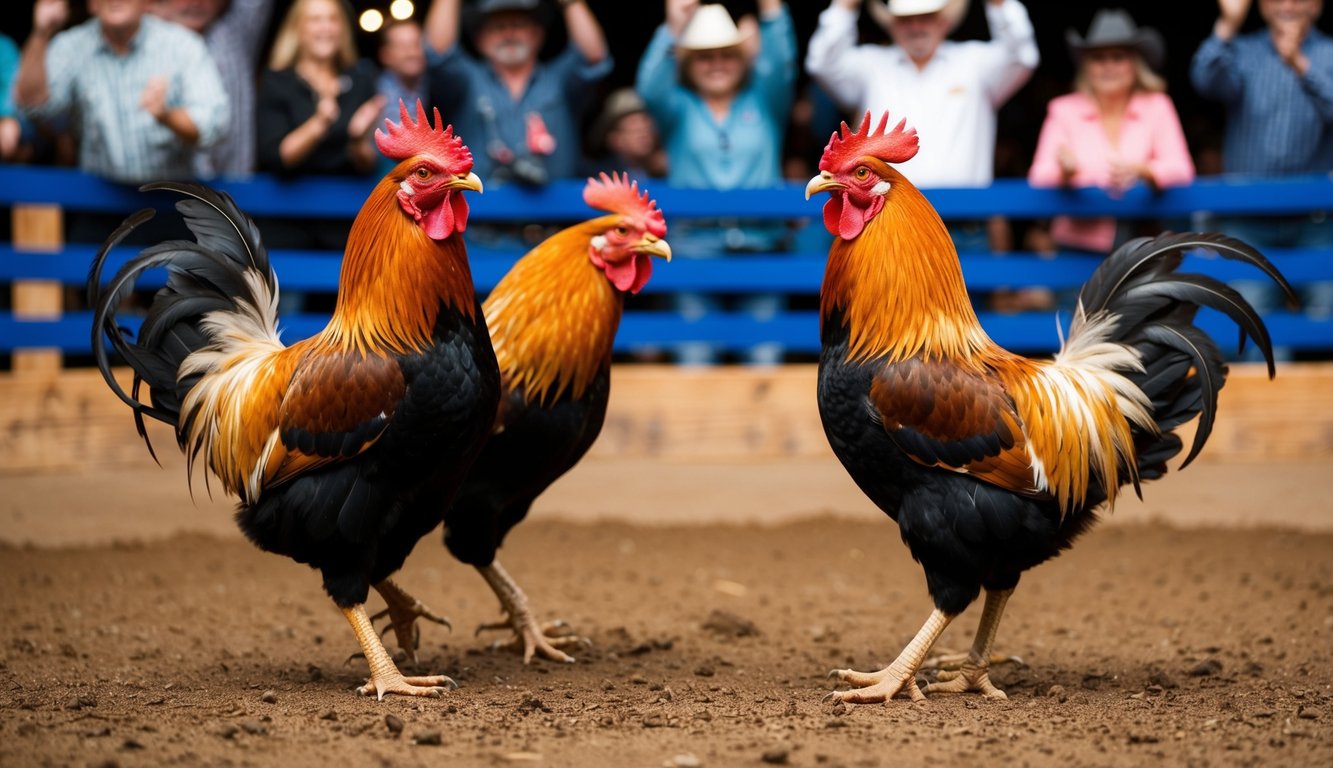 Dua ayam jantan berhadapan di ring tanah, dikelilingi oleh penonton yang bersorak