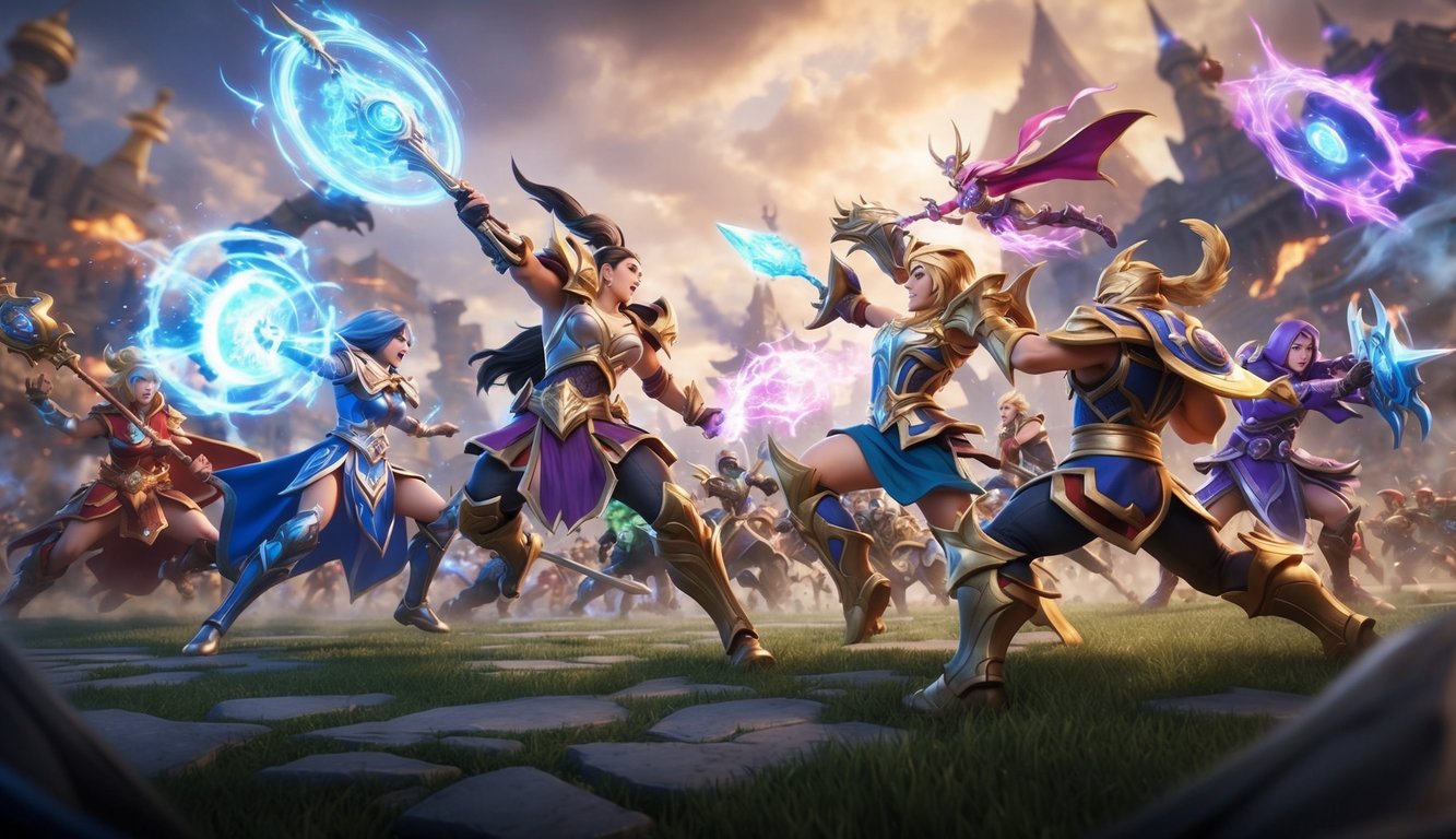 Pertempuran sengit di arena Mobile Legends, dengan para pahlawan bertarung dan mantra dilancarkan di tengah suasana yang kacau dan intens.