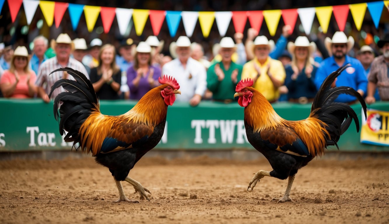 Dua ayam jantan berhadapan di sebuah gelanggang tanah, dikelilingi oleh penonton yang bersorak dan spanduk berwarna-warni