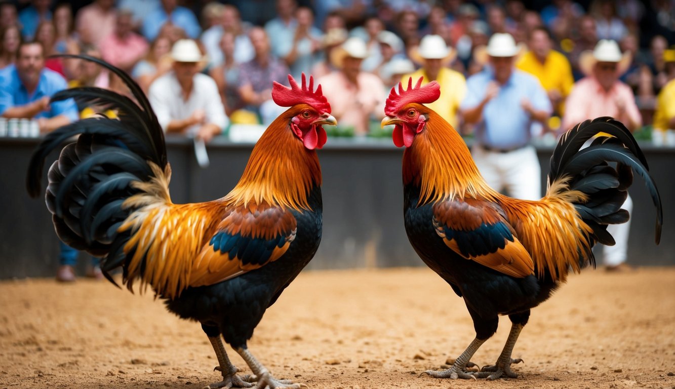 Dua ayam jantan berhadapan di arena yang ramai, bulu-bulu mereka mengembang, paruh terbuka di tengah-kepakan, sementara penonton bersorak dan memasang taruhan.