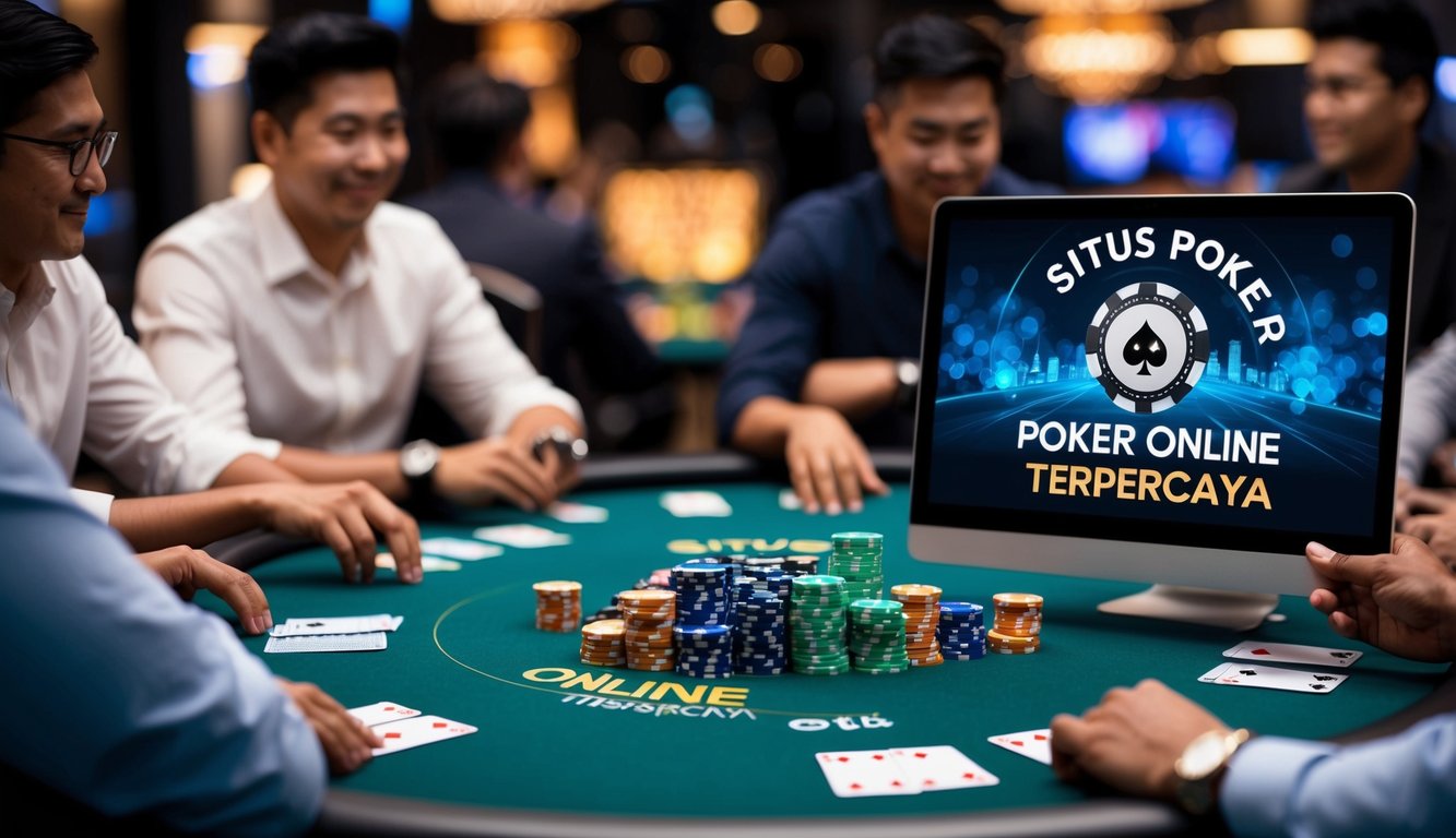 Sebuah meja dikelilingi oleh pemain, chip, dan kartu, dengan perangkat digital yang menampilkan "Situs Poker Online terpercaya" di latar belakang