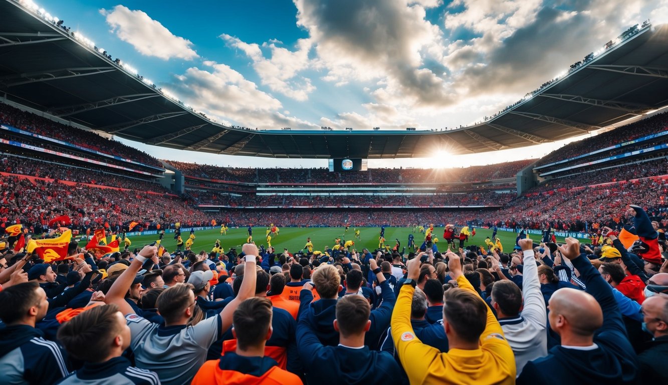 Sebuah stadion olahraga yang penuh sesak dengan penggemar yang bersorak dan pemain yang sedang beraksi