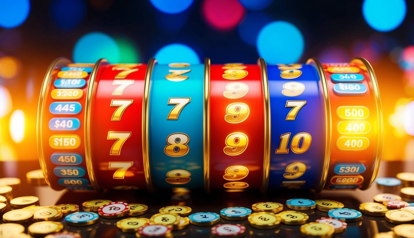 Sebuah adegan jackpot lotere online yang berwarna-warni dengan angka dan simbol yang bersinar