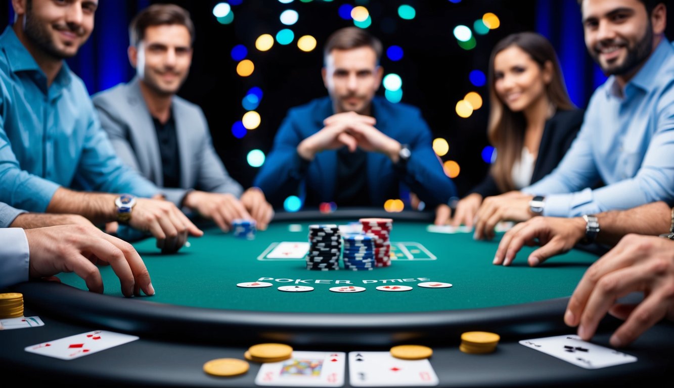 Permainan poker online yang cepat dengan banyak pemain di meja virtual, dikelilingi oleh chip dan kartu digital