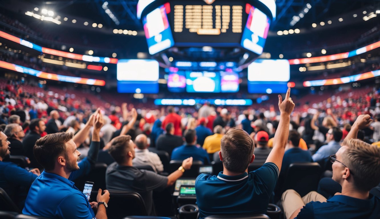 Arena taruhan olahraga yang ramai dengan penggemar yang bersorak dan layar yang berkedip