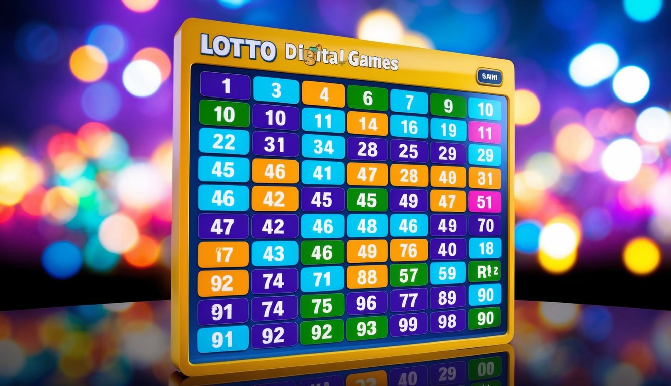 Antarmuka digital yang berwarna-warni dan hidup menampilkan berbagai permainan lotto dan angka, dengan desain yang ramping dan modern