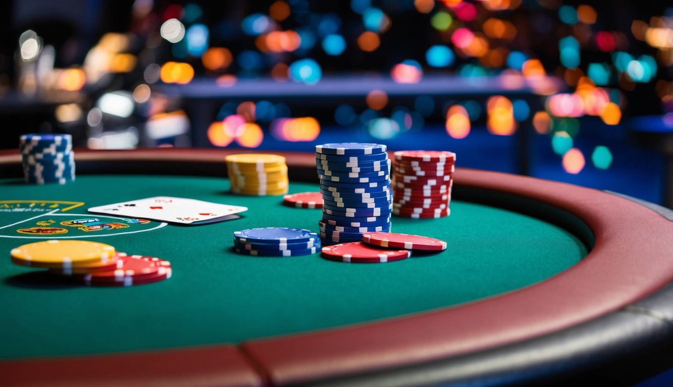 Sebuah meja poker online yang berwarna-warni dan cerah dengan chip dan kartu