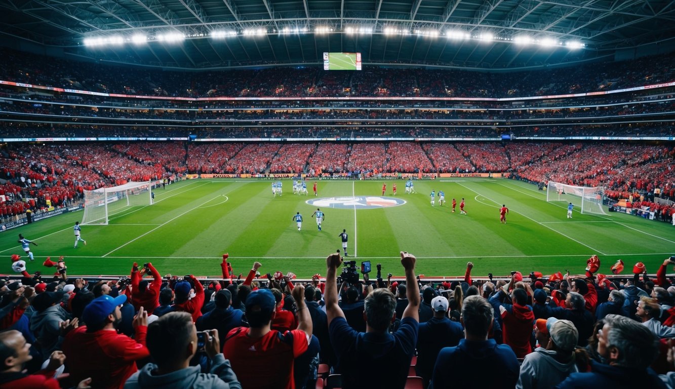 Sebuah stadion olahraga yang ramai dengan penggemar yang bersorak dan pemain di lapangan