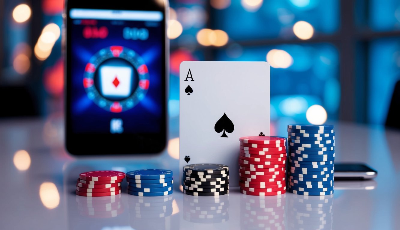 Antarmuka digital yang hidup dengan kartu poker dan chip di latar belakang yang ramping dan modern