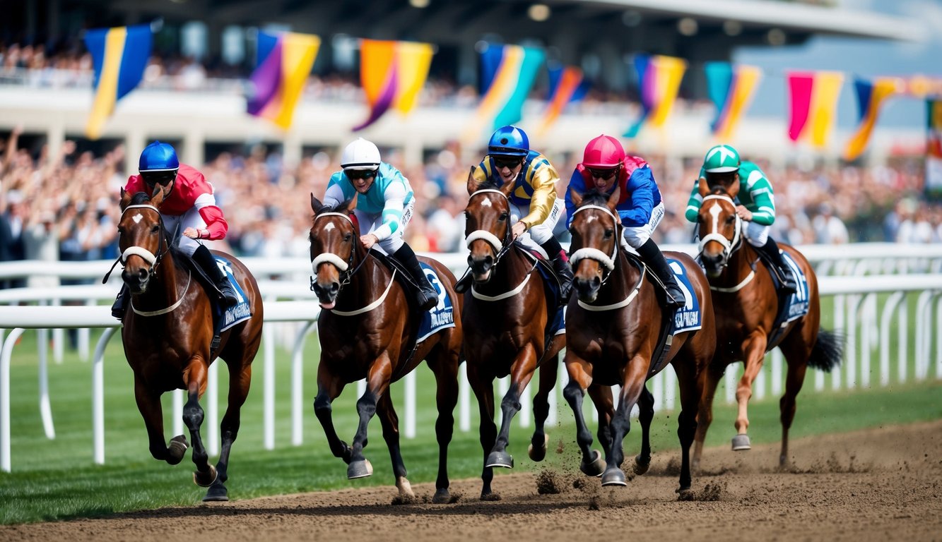 Jockey yang membimbing kuda pacu yang ramping di sekitar lintasan, dengan penonton yang bersorak di tribun dan bendera berwarna-warni berkibar di angin