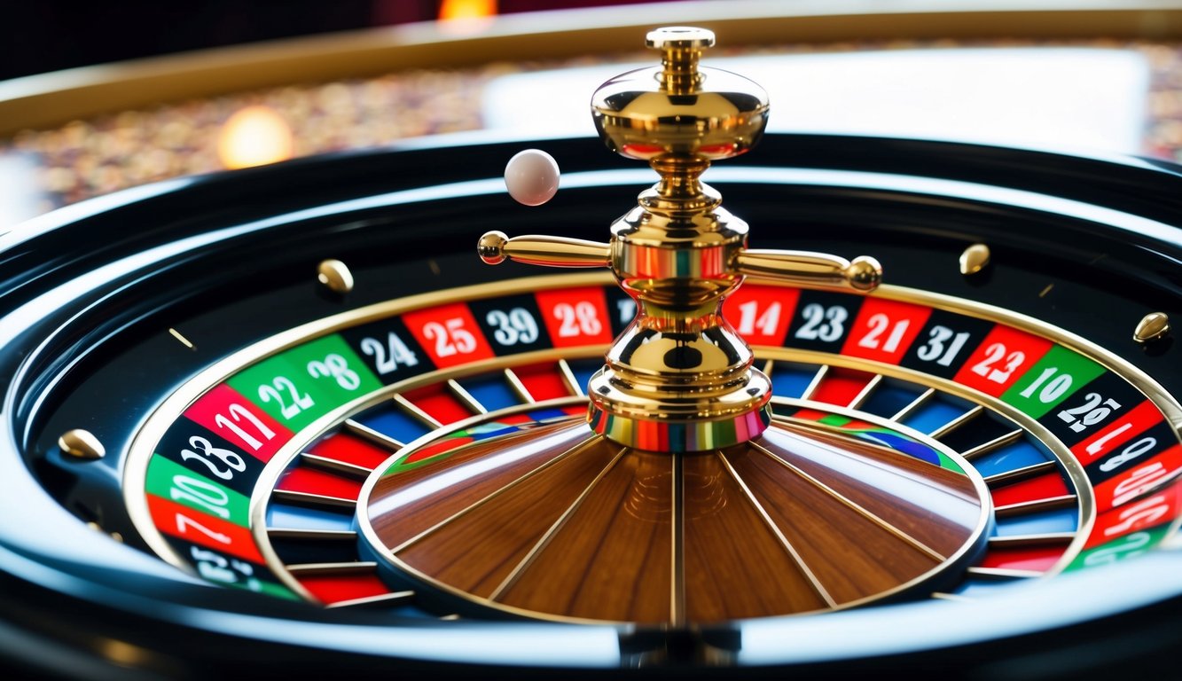 Roda roulette berputar dengan slot bernomor berwarna-warni dan bola putih kecil yang bergerak