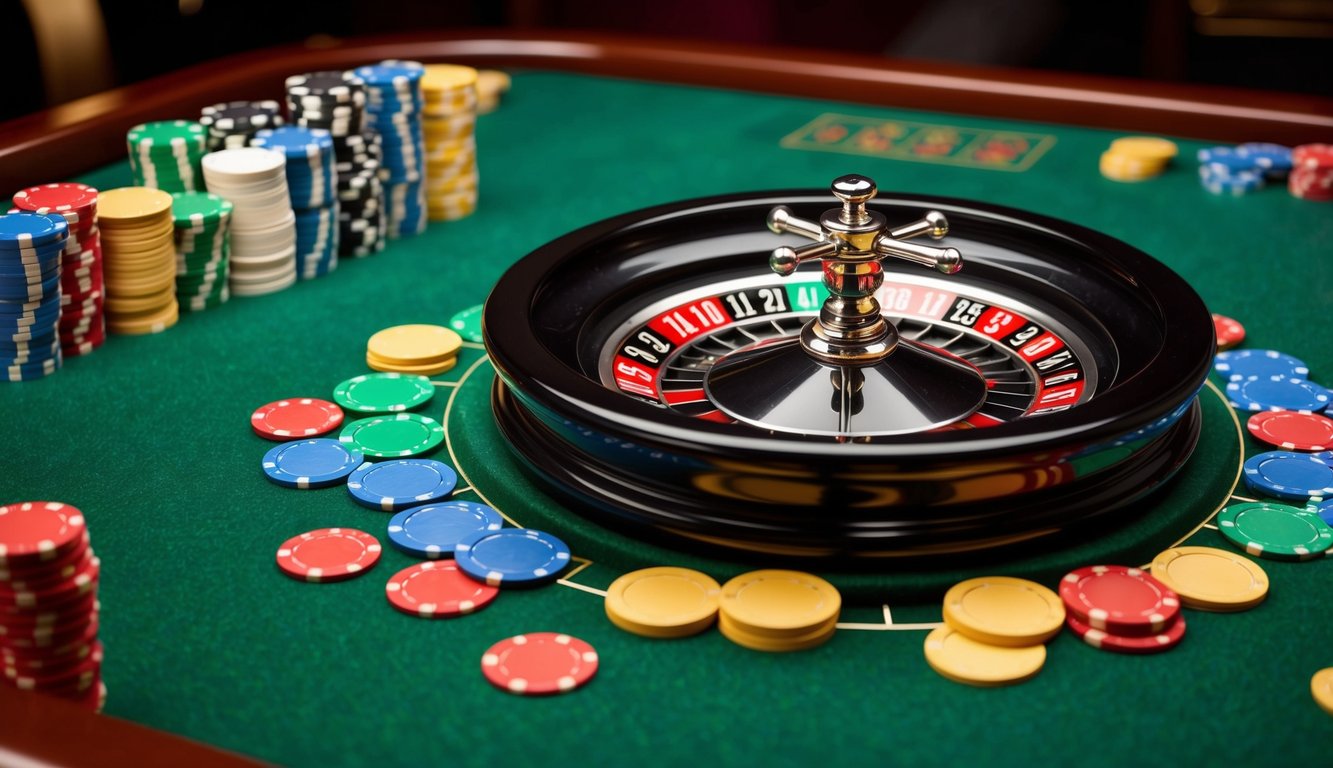 Sebuah roda roulette berputar di atas meja felt hijau, dengan chip berwarna-warni tersebar di sekitarnya