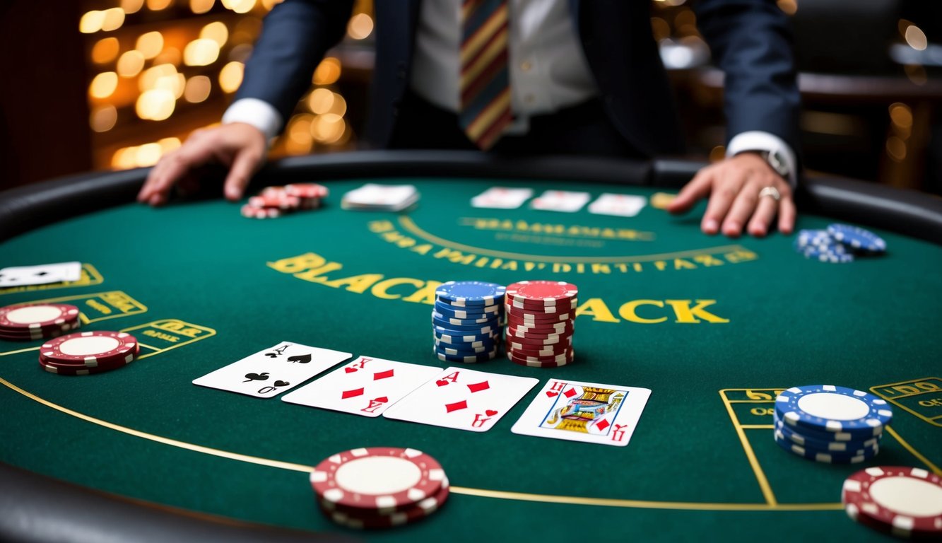 Sebuah meja blackjack virtual dengan kartu, chip, dan dealer