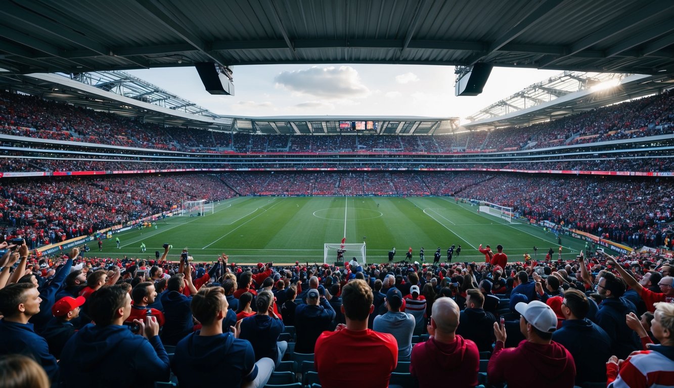 Sebuah stadion olahraga yang ramai dengan penggemar yang bersorak dan pemain di lapangan