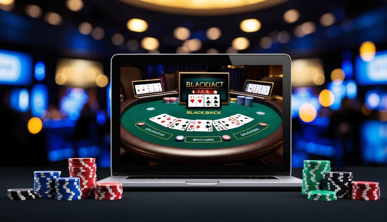 Sebuah layar digital menampilkan meja blackjack dengan kartu dan chip, dikelilingi oleh latar belakang kasino virtual