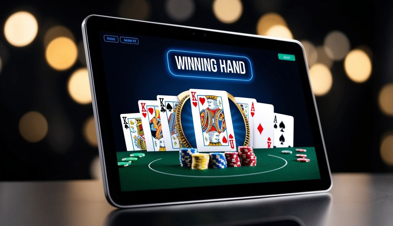 Sebuah layar digital menampilkan tangan blackjack yang menang dengan chip dan kartu virtual. Latar belakangnya gelap dan ramping, dengan nuansa kegembiraan dan antisipasi.