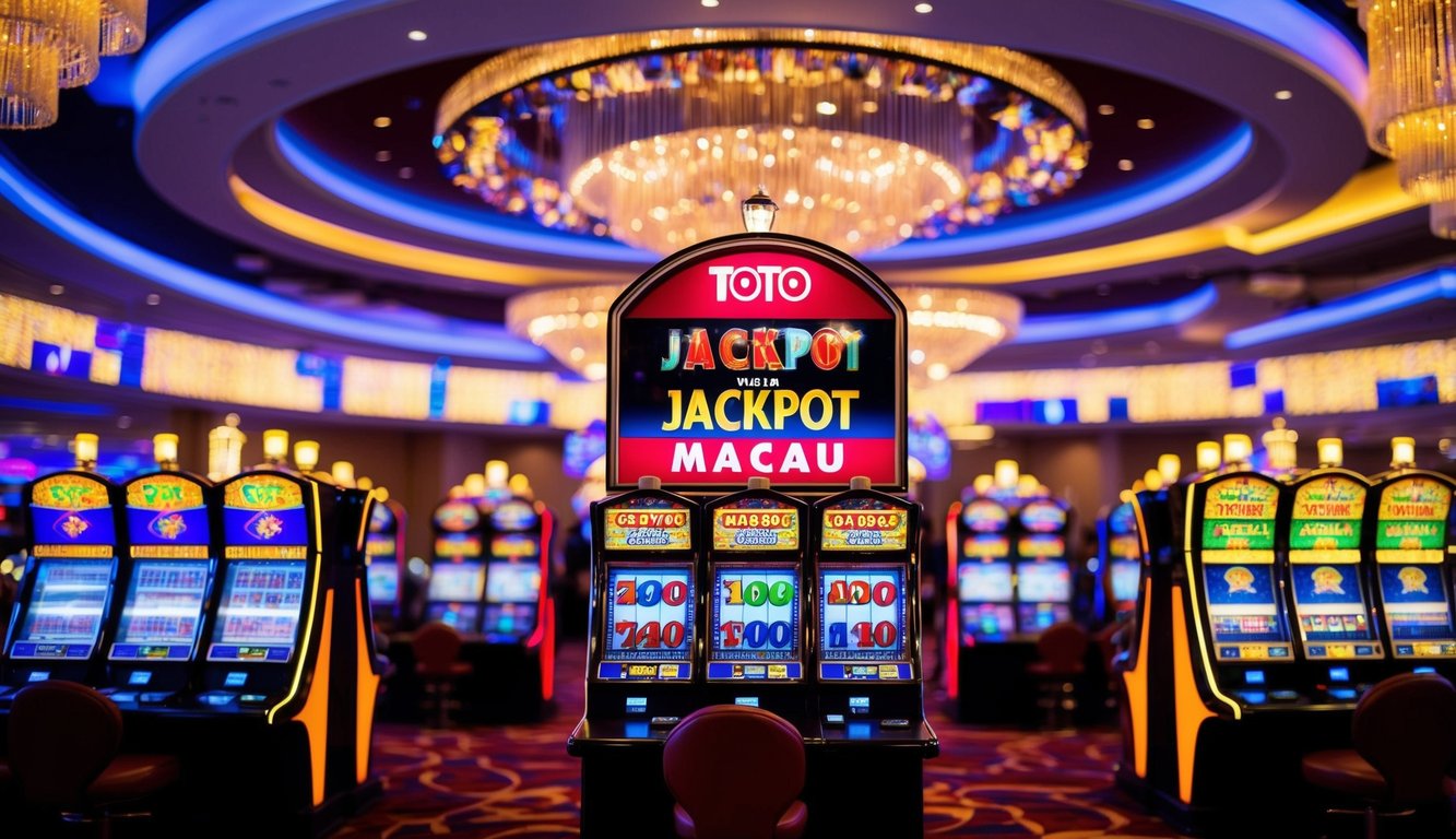 Sebuah kasino berwarna-warni dengan lampu berkedip dan mesin slot, dengan tampilan jackpot besar untuk Toto Macau