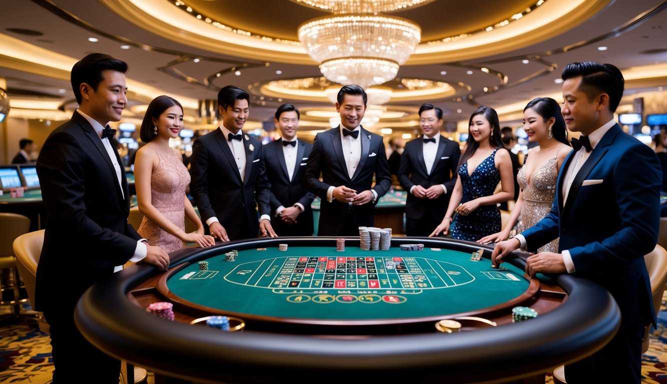 Sebuah pengaturan kasino mewah dengan meja baccarat dikelilingi oleh pemain yang berpakaian elegan dan suasana yang glamor