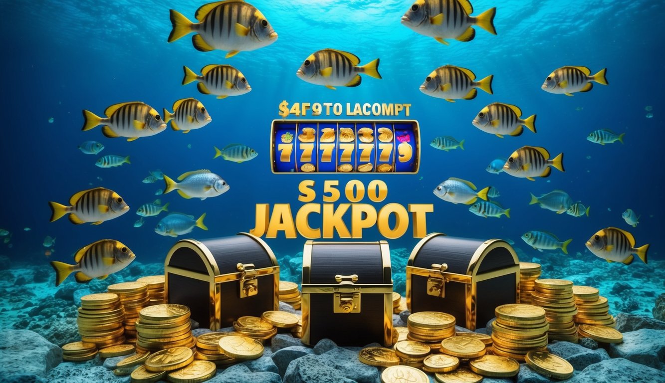 Sebuah dunia bawah laut yang berwarna-warni dengan berbagai ikan yang berenang di antara peti harta karun dan koin emas, dengan hadiah jackpot besar yang ditampilkan secara mencolok.