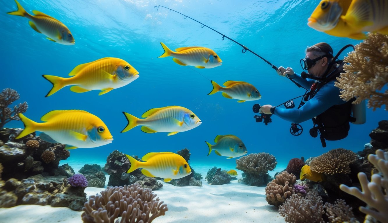 Sebuah pemandangan bawah air yang tenang dengan ikan berwarna-warni dan terumbu karang, menggambarkan permainan memancing dengan risiko rendah