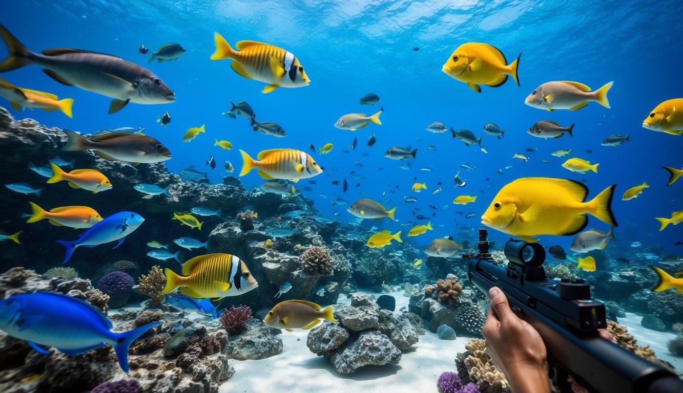 Sebuah dunia bawah laut yang berwarna-warni dengan berbagai jenis ikan yang berenang ke segala arah, sementara pemain bersaing dalam permainan tembak-menembak online